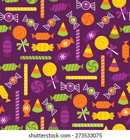 A vector illustration seamless pattern background of halloween trick or treat candies.