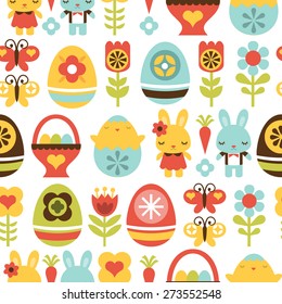 A vector illustration seamless pattern background of retro folk art easter theme. 