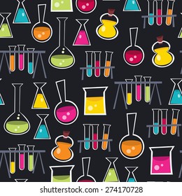 A Vector Illustration Seamless Pattern Background Of Fun And Colorful Glass Beakers, Lab Beakers, Laboratory Beakers, Science Beakers And Other Lab Equipment.