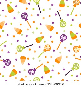 A vector illustration seamless pattern background of halloween trick or treat candies. Bright candies and sweets in the traditional colors of Halloween