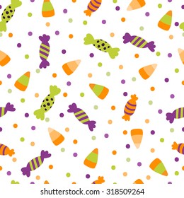 A vector illustration seamless pattern background of halloween trick or treat candies. Bright candies and sweets in the traditional colors of Halloween