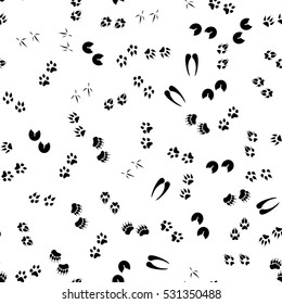 Vector illustration seamless pattern, background with footsteps, footprint black silhouettes of following animals dog, bobcat, coyote, fox, heron, bear, horse, wolf and deer. Wild animals