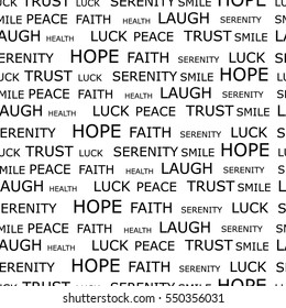 Vector illustration seamless pattern, background with words hope, luck, peace, smile, trust, serenity and laugh