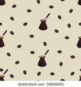 Vector illustration seamless pattern, background with coffee beans and turkish coffee pot.