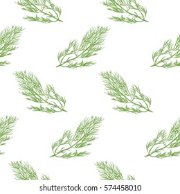 Vector illustration seamless pattern, background hand drawn fresh bunch of dill isolated on white backgound. Sketch dill. Design elements for restaurant, cafe or shop.