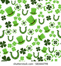 Vector illustration of seamless pattern background with four leaved green clover, hat, horseshoe for saint Patricks day greeting isolated on white background