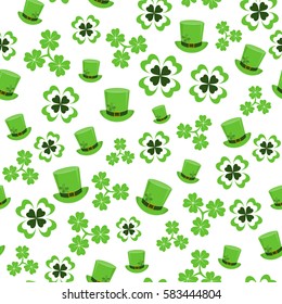 Vector illustration of seamless pattern background with four leaved green clover, hat for saint Patricks day greeting isolated on white background