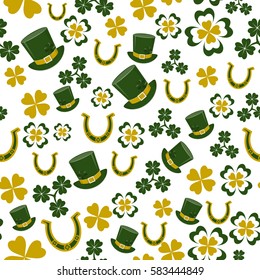 Vector illustration of seamless pattern background with four leaved green clover, hat, horseshoe for saint Patricks day greeting isolated on white background