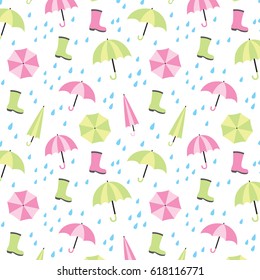 Vector illustration of seamless pattern background with umbrella, rain and rain boots.