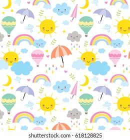 Vector illustration of seamless pattern background with sun, cloud, rain, rainbow, umbrella, and balloon.