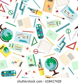 Vector illustration seamless pattern background with School supplies. Pen, pencil, ruler, scissors, paper, glue, brush, paint, drawing album, globe, textbook, notebook, microscope in flat design style