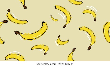 Vector illustration. Seamless pattern of banana. Hand-drawn style. Line art. Color doodle style. Design for wallpaper, background, poster, banner.