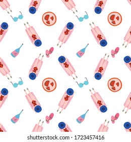 Vector illustration of a seamless pattern in a beach style, a girl sunbathes on the sand in a beach and swimsuit a bright summer picture