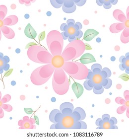 Vector and illustration seamless pattern of beautiful and cute small flowers and leaves in pink, blue, green pastel color for garden concept