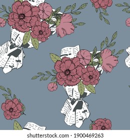 vector illustration seamless pattern beautiful burgundy flowers with green leaves in a package from a newspaper,a floral bouquet on a blue background