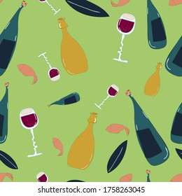 vector illustration seamless pattern from a beer bottle,a bottle of wine,glasses,fish on a green background