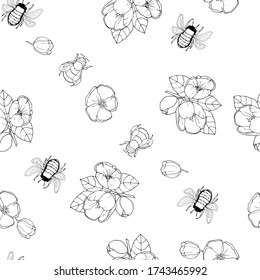 vector illustration seamless pattern from bees on a white background and small flowers of an apple tree,doodle