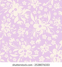 Vector illustration. Seamless pattern, beige flowers on a light purple background. Abstract floral lilac pattern, field of flowers, print for fabric, textile, wallpaper, clothing