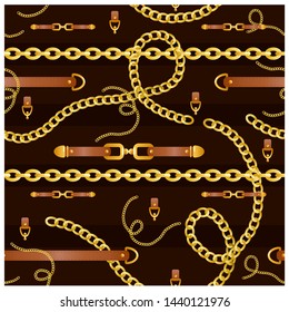 Vector illustration of seamless pattern with belts and chain on dark background, golden colors.