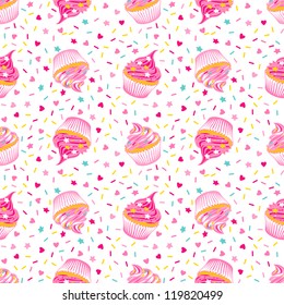 Vector illustration of seamless pattern with birthday cupcakes