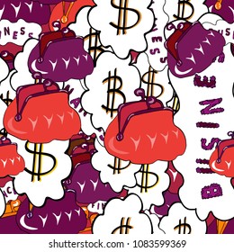 Vector illustration. Seamless pattern with bitcoin and dollars on purple, red and white background. Use for logos, print products. Seamless business pattern.