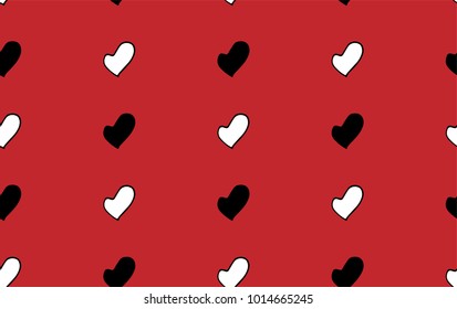 Vector illustration of a seamless pattern of black and white hearts on a red background. Beautiful pattern for Valentine's Day. Wrapping paper for the holiday. Bright background for greeting card.