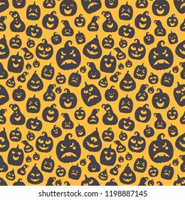 Vector illustration: seamless pattern: black scary carved pumpking icons on yellow background. Decorative element for Halloween party greeting cards, wallpapers, fabrics, wrapping paper, scrapbooking
