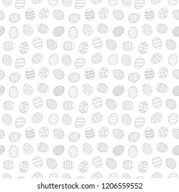 Vector illustration: seamless pattern with black linear egg icons with ornaments for Easter holidays design, wallpaper, greeting card, scrapbooking and wrapping paper isolated on white background.