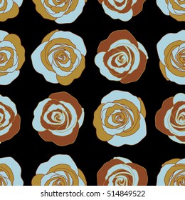 Vector illustration. Seamless pattern with black background and abstract blue and brown stylized roses.
