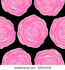 Vector illustration. Seamless pattern with black background and abstract pink and neutral stylized roses.