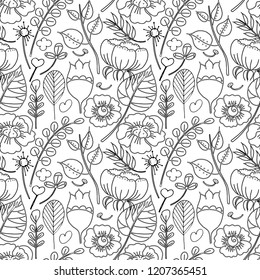 Vector illustration of a seamless pattern of black-white decorative leaves of plants and flowers of the field