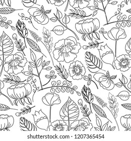 Vector illustration of a seamless pattern of black-white decorative leaves of plants and flowers of the field