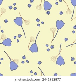 Vector illustration. Seamless pattern with blue flowers on a light yellow background, floral field, print, minimalism. Printing on textiles, for packaging, product design.