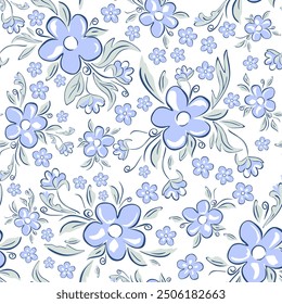 Vector illustration. Seamless pattern of blue flowers on a light background. Cottagecore floral blue pattern, field of flowers, print for fabric, textile, wallpaper, baby clothes