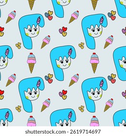 Vector illustration seamless pattern with blue head-girl style and ice cream cones. Hand-drawn. Design for textiles, personal items for girls, diapers, curtains, blankets, and rugs.