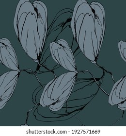 vector illustration seamless pattern blue-blue flowers ,contour flowers on a gray-blue background