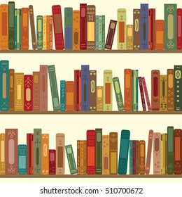 vector illustration of seamless pattern of bookshelves with retro style books for vintage bookstore background or wallpaper