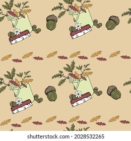 vector illustration seamless pattern ,botanical print bucket with oak branches,pine cone and acorns,brush,small flower,for wallpaper and fabric