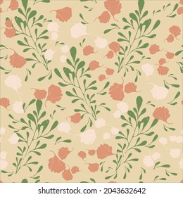 vector illustration seamless pattern ,botanical print,green grass,beige and light pink flowers on a light background,for wallpaper,furniture or fabric
