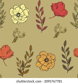 vector illustration seamless pattern ,botanical set of lush flowers,branches with leaves and a silhouette of a bird on a kraft background,for fabric,wallpaper and furniture,scrap booking