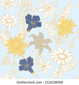 vector illustration seamless pattern ,botanical ,of vines,chamomile,lilies and various herbs,in pastel colors,for wallpaper,fabric,furniture