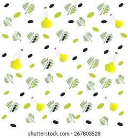 Vector illustration seamless pattern. Bottle of olive oil and a branch with olives. For advertising, design and other uses elements