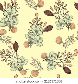 vector illustration seamless pattern bouquet of blue loach,pink chamomile,brown poppy seed box,pink grass
