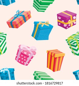 Vector illustration seamless pattern with boxes. Multicolored cartoon gifts with bows. Festive decor for the background.