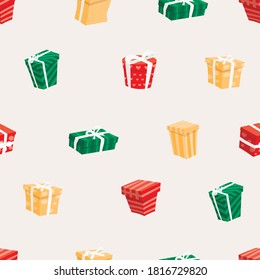 Vector illustration seamless pattern with boxes. Multicolored cartoon gifts with bows. Festive decor for the background.