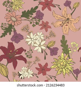 vector illustration seamless pattern bright floral print of different colors on a pink background,for wallpaper or fabric,furniture