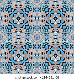 Vector illustration. Seamless pattern in brown, blue and gray colors. Vintage mosaics. Ethnic motif.