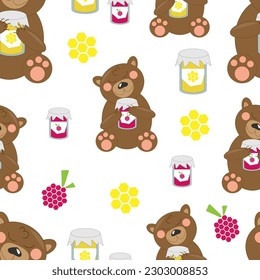 vector illustration seamless pattern brown cartoon teddy bear with treats: jars of honey and raspberry jam on white background