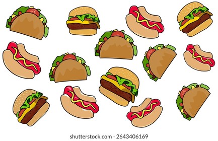 Vector illustration, Seamless pattern of burger, hotdog, sandwich icons suitable for use as wallpaper, banner, background and backdrops for a food product