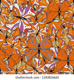 Vector illustration. Seamless pattern with butterfly on orange, white and black background. Cute background for design of fabric, paper, wrappers and wallpaper.